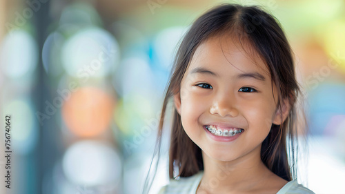 Retrato de um sorriso feliz de uma menina asiática com dentes brancos saudáveis ​​com aparelho metálico. Conceito de odontologia pediátrica