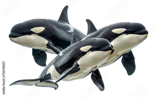 Trio of orcas swimming together in the ocean, cut out - stock png.