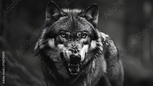 Greyscale closeup shot of an angry wolf with a blurred background
