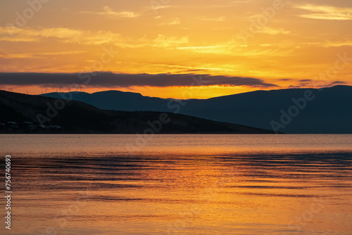 Romantic sunset seen from idyllic coastal town Baska  Krk Island  Primorje-Gorski Kotar  Croatia  Europe. Panoramic view of majestic coastline of Kvarner Bay  Mediterranean Adriatic Sea in summer