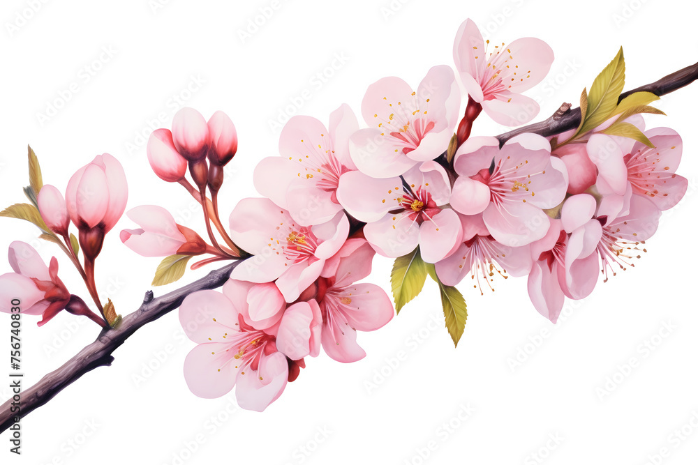 Cherry blossom flowers with branch on white background, watercolor illustration