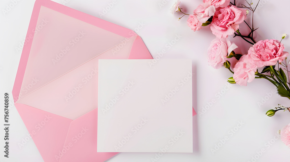 Wedding card template. Blank paper card and pink envelope with flowers. Flat lay, top view with copy space. Wedding card template. Blank paper card and pink envelope with flowers. Flat lay, top view with copy space.