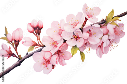 Cherry blossom flowers with branch on white background  watercolor illustration