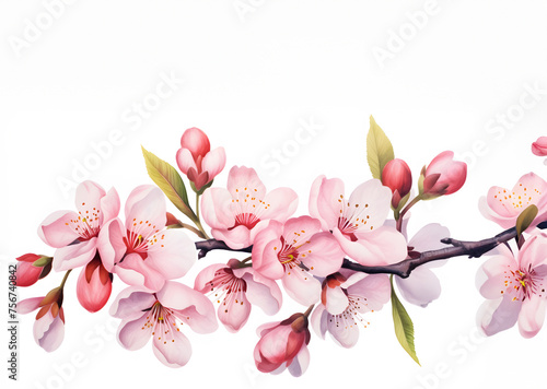 Cherry blossom flowers with branch on white background, watercolor illustration