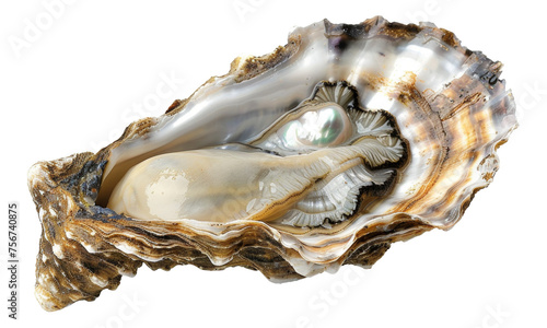 Lustrous pearl nestled within a natural oyster shell on transparent background - stock png.