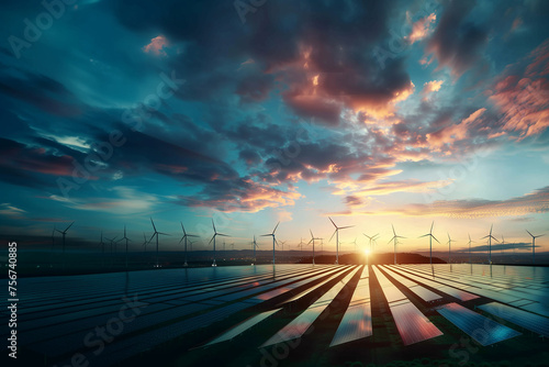 Wind turbines with solar panels. Green energy concept. Solar cell plant and wind generators in field under the blue sky on sunset. Powerplant with photovoltaic panels and eolic turbine. Earth's Day photo