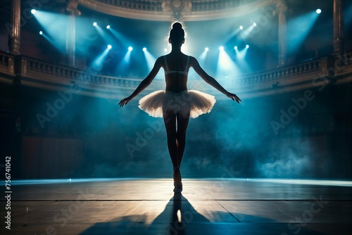 Elegant ballerina on stage under spotlight. A solo ballerina performs gracefully on a grand theater stage, illuminated by dramatic lighting © losmostachos