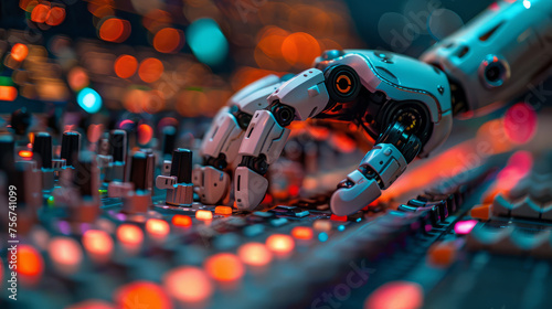 Robot disc jockey hand at dj mixer, close up view in nightclub. © NorLife