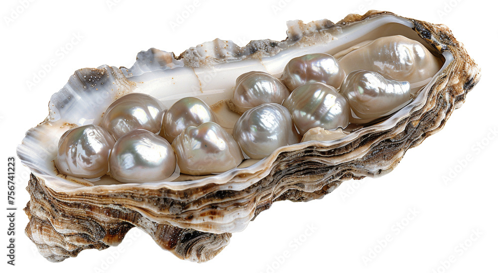 Lustrous pearl nestled within a natural oyster shell, cut out - stock png. Lustrous pearl nestled within a natural oyster shell, cut out - stock png.