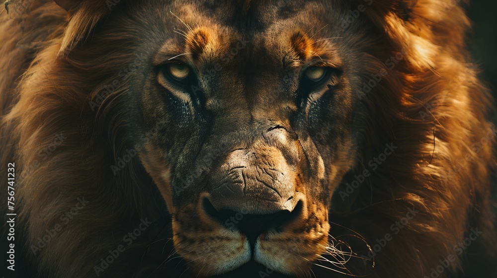 Fototapeta premium image of dangerous powerful lion with fluffy mane looking at camera in African Savanna