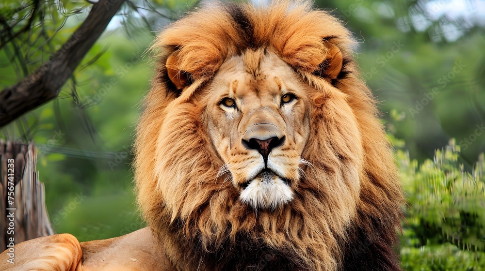 image of dangerous powerful lion with fluffy mane looking at camera in African Savanna