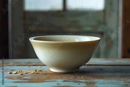 Simple white bowl on rustic wooden table, suitable for kitchen or dining themes