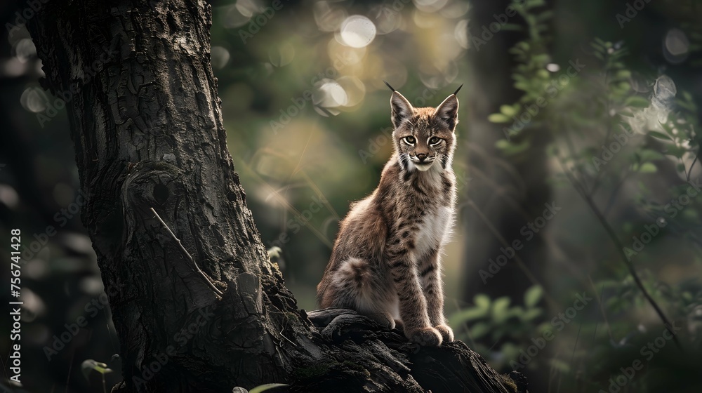 Obraz premium Young lynx standing on a tree stump 