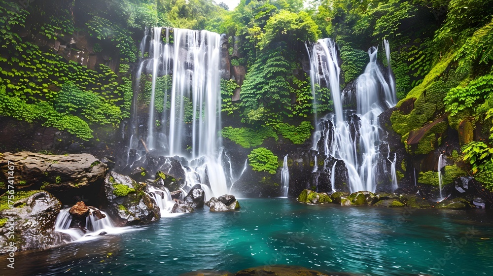Jungle waterfall cascade in tropical rainforest with rock and turquoise blue pond. Its name Banyumala because its twin waterfall in mountain slope Jungle waterfall cascade in tropical rainforest with rock and turquoise blue pond. Its name Banyumala because its twin waterfall in mountain slope
