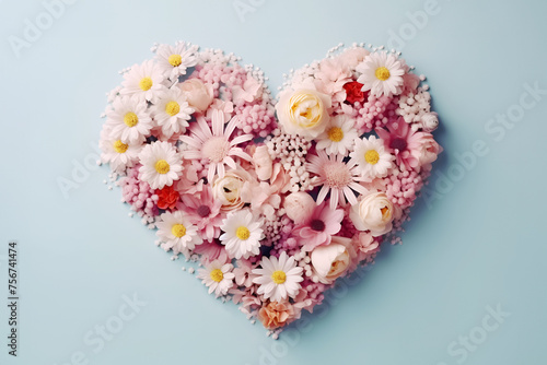 Heart shape composition from fresh pink flowers on turquoise background. Top view. Flat lay. Valentines day, mothers day or birthday celebration concept