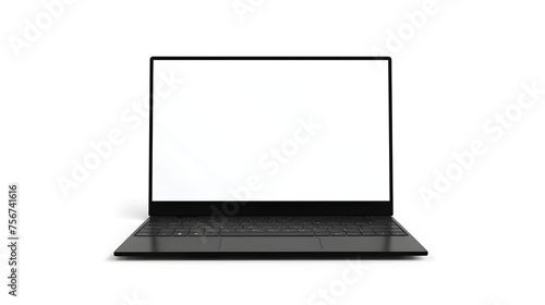 Laptop with blank screen isolated on white background, white aluminium body.Whole in focus. High detailed. Template, mockup