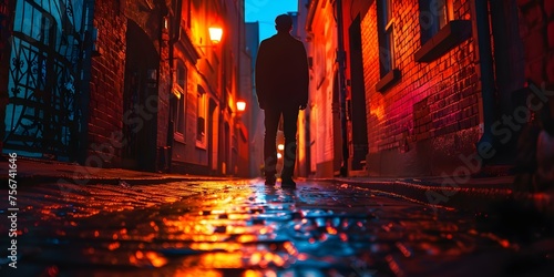 A Single Man in a Dark Alley at Night. Concept Night scenery, Urban environments, Solitude, Mystery, Portraits