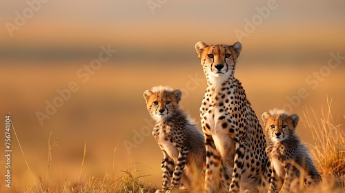 Lovely cheetah family, mother with two cheetah cubs sitting looking at the camera, in savanna grassland