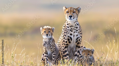 Lovely cheetah family, mother with two cheetah cubs sitting looking at the camera, in savanna grassland photo