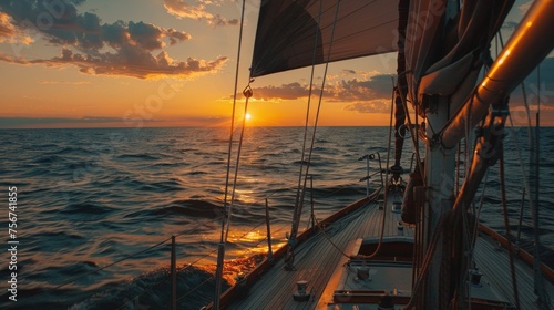 A sailboat with the sun setting over the ocean. Perfect for travel and vacation concepts
