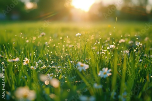 White flowers blooming in a lush green field, perfect for nature backgrounds or spring themes #756741887