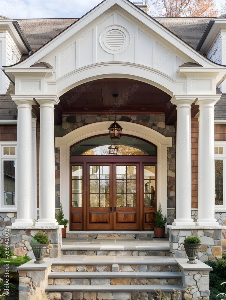 Main entrance door in house. Wooden front door with gabled porch and landing. Exterior of georgian style home cottage with white columns and stone cladding Main entrance door in house. Wooden front door with gabled porch and landing. Exterior of georgian style home cottage with white columns and stone cladding