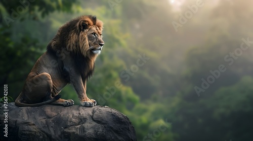 Majestic lion sits on rock surrounded by green trees, concept of Majestic and Nature