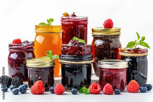 Various jars filled with delicious jams and fresh berries, perfect for food and kitchen-related projects