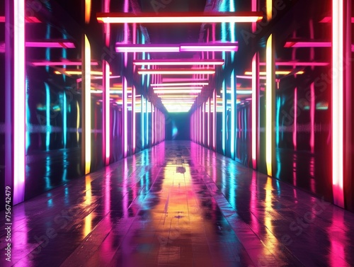 Image with glowing neon lines that form a tunnel structure reminiscent of an LED arcade or stage. The rays reflect on the smooth floor and illuminate the tunnel. The feeling of virtual reality. AI