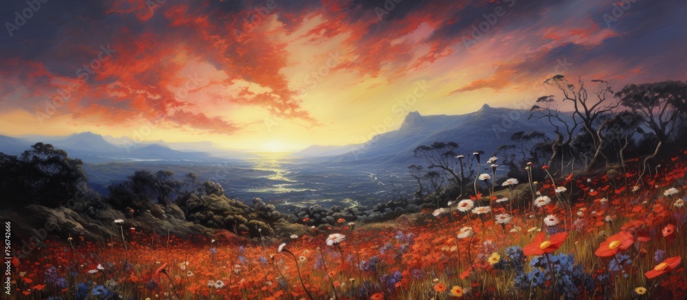 An art piece featuring a natural landscape of a field of flowers with a sunset in the background, showcasing a beautiful sky with cumulus clouds and a water reflection at dusk An art piece featuring a natural landscape of a field of flowers with a sunset in the background, showcasing a beautiful sky with cumulus clouds and a water reflection at dusk