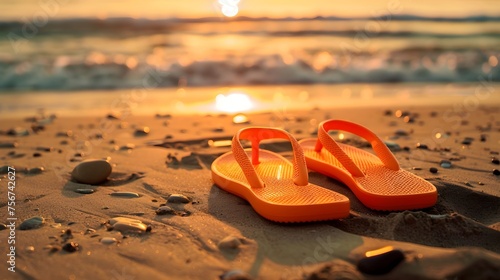 Orange flip flops on beach