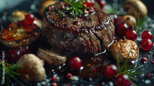 A delicious steak topped with mushrooms and cranberries, perfect for food blogs or restaurant menus