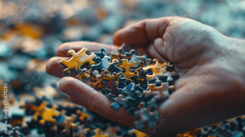 A person holding a pile of puzzle pieces, suitable for business concepts