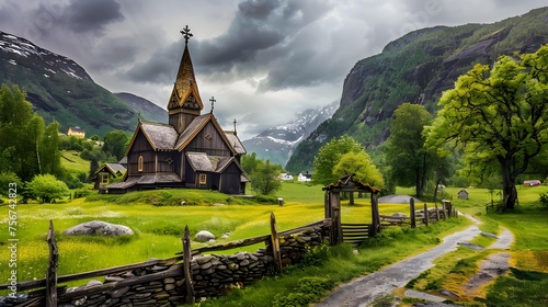 Panorama with old Borgund Stave Church. Norway 
