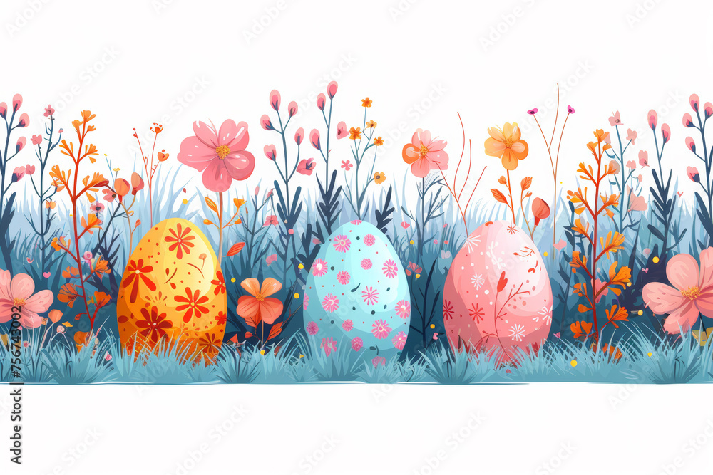 Colorful Easter Eggs Amongst Spring Blooms Illustration - obrazy, fototapety, plakaty 