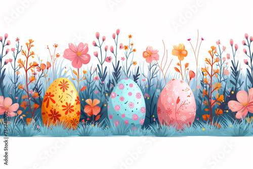 Colorful Easter Eggs Amongst Spring Blooms Illustration