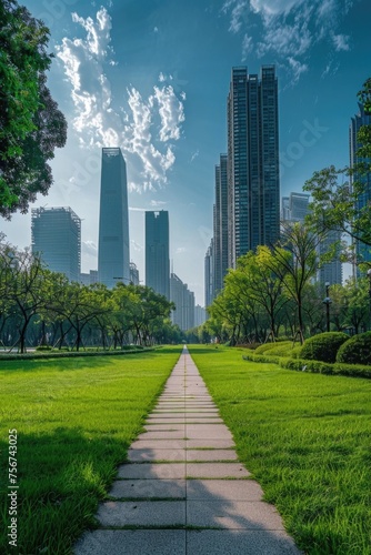 A walkway in a park with tall buildings in the background. Ideal for urban landscape concepts