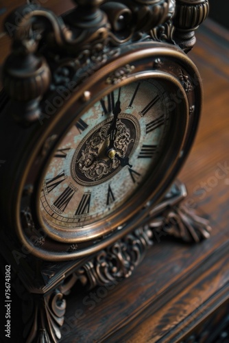 A clock sitting on top of a wooden table, suitable for various concepts and designs