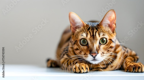 Photo of an alert Bengal cat with its distinctive leopard-like spots on a clean white surface.