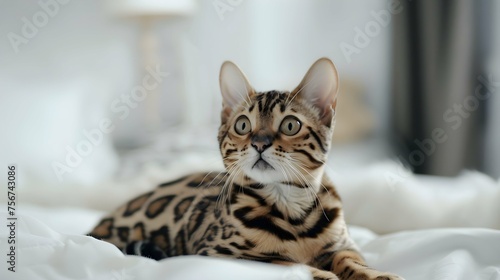 Photo of an alert Bengal cat with its distinctive leopard-like spots on a clean white surface. © Pascal