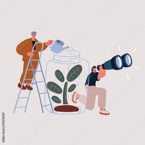 Vector illustration of young woman watching through binocular near plant in jar. Another person watereing spring