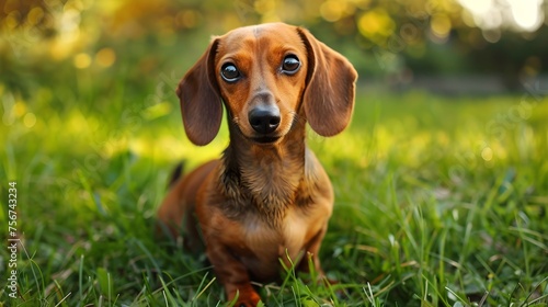 playful dachshund dog on the lawn, grass, field