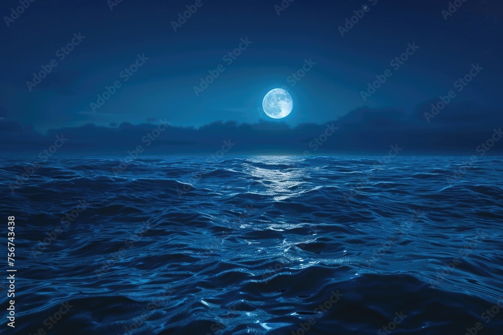 A serene view of a full moon shining over the ocean. Suitable for various projects - obrazy, fototapety, plakaty 