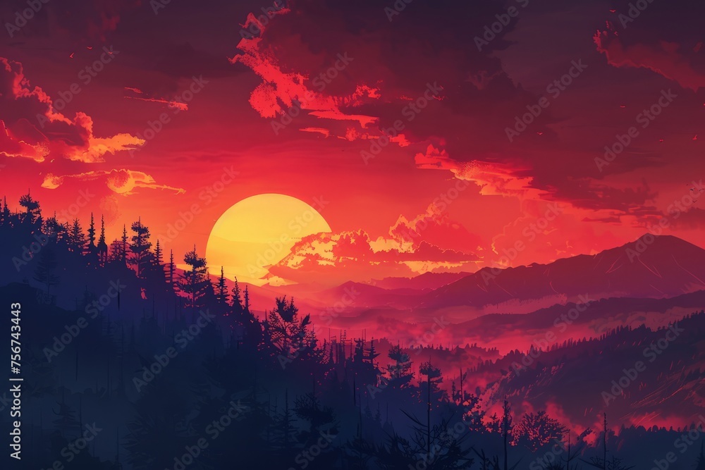 A painting depicting the sun setting behind a towering mountain range, casting a warm glow over the rugged peaks and valleys.