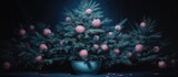 Blue spruce adorned with garland and dancing in a pink pot on a dark-blue backdrop.