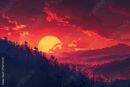 A painting depicting the sun setting behind a towering mountain range, casting a warm glow over the rugged peaks and valleys.