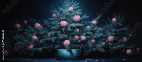 Blue spruce adorned with garland and dancing in a pink pot on a dark-blue backdrop.