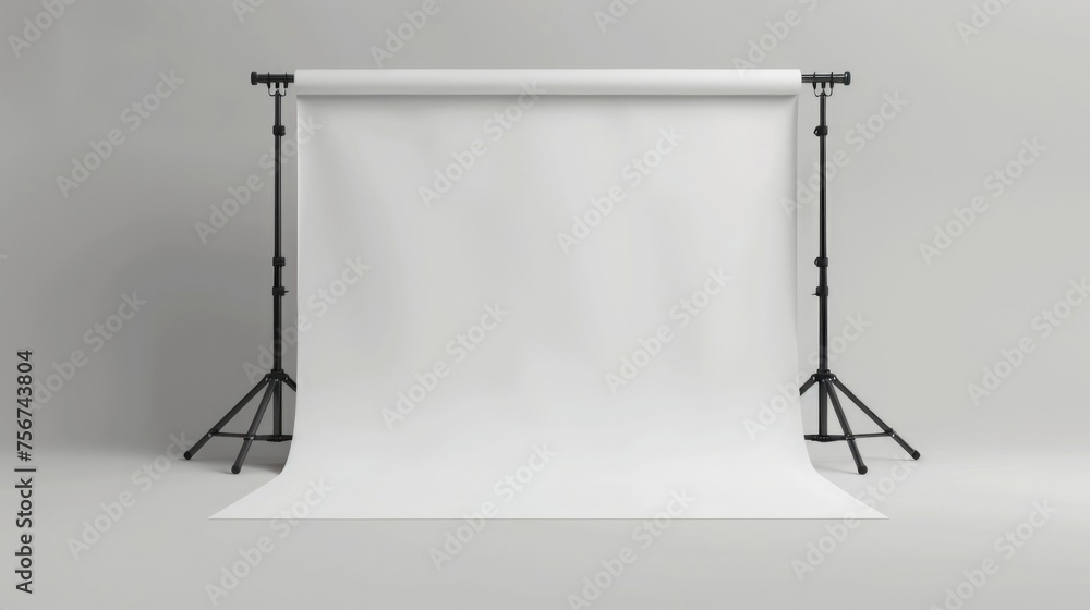 A simple white backdrop with two black tripod stands. Ideal for product photography or studio settings A simple white backdrop with two black tripod stands. Ideal for product photography or studio settings