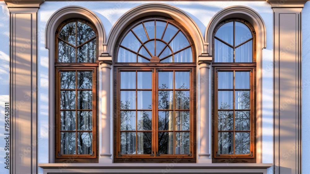 Obraz premium A building with three arched windows next to a fire hydrant. Suitable for urban and cityscape concepts