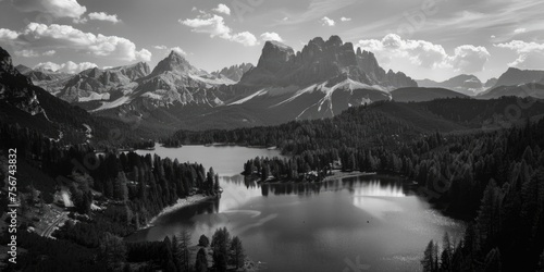 Scenic black and white photo of a lake surrounded by mountains. Perfect for nature and landscape backgrounds